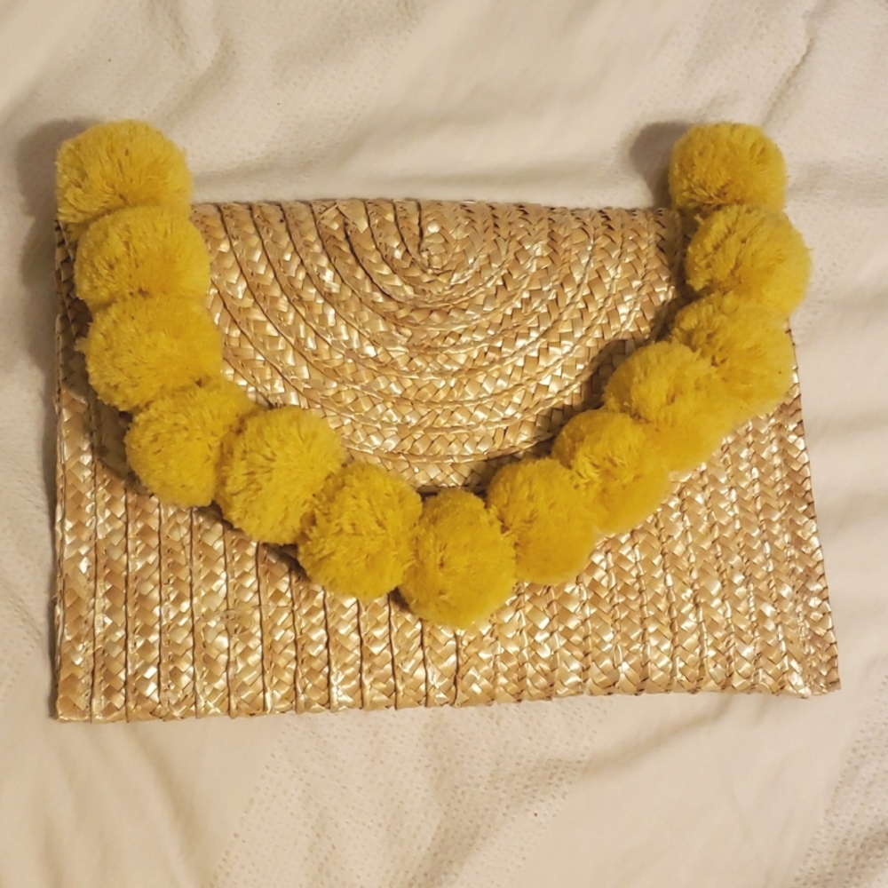 Straw Clutch with Yellow PomPoms